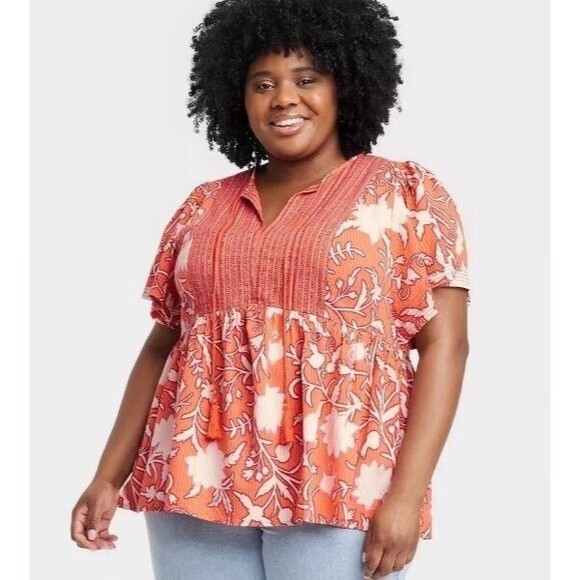 Women's Flutter Short Sleeve Top Shirt Knox Rose Orange Floral XXL Boho Colorful - Picture 1 of 10